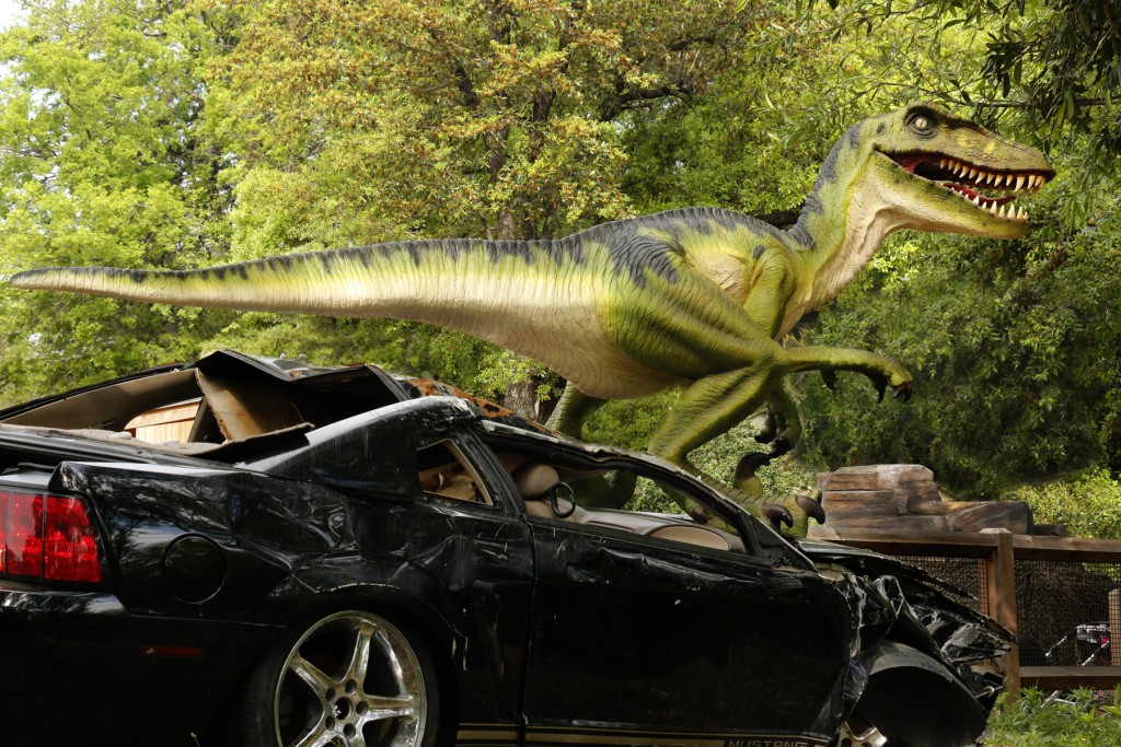 Dallas Zoo Dino on crushed car